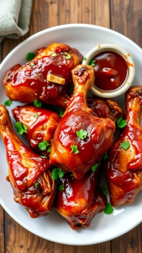 Oven-baked BBQ chicken drumsticks on a plate, garnished with parsley and served with barbecue sauce.